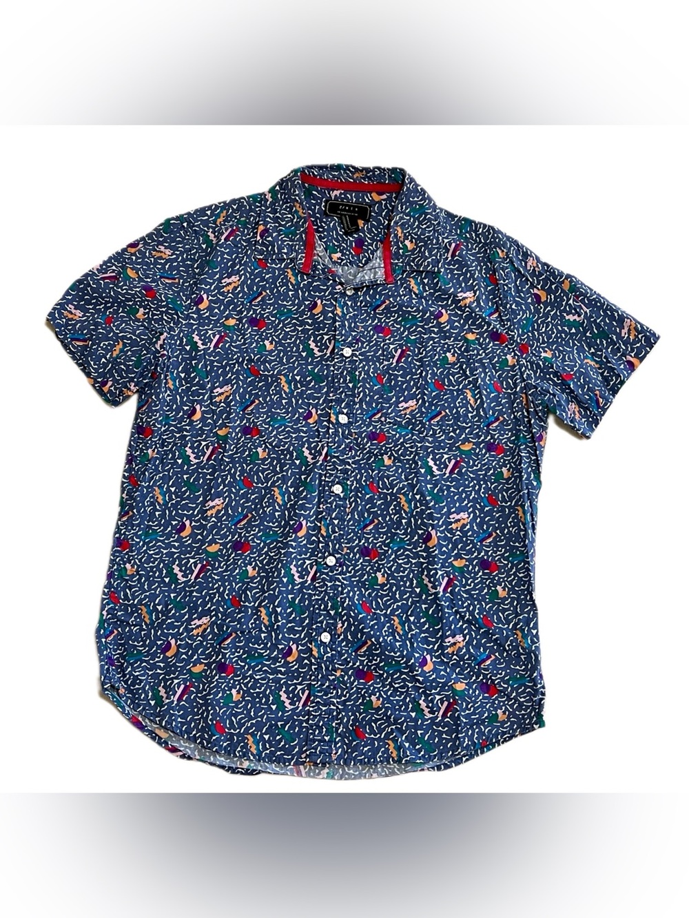 21 Men Blue Short Sleeve Button-Down Shirt with 90s Multicolor Print US Men's M